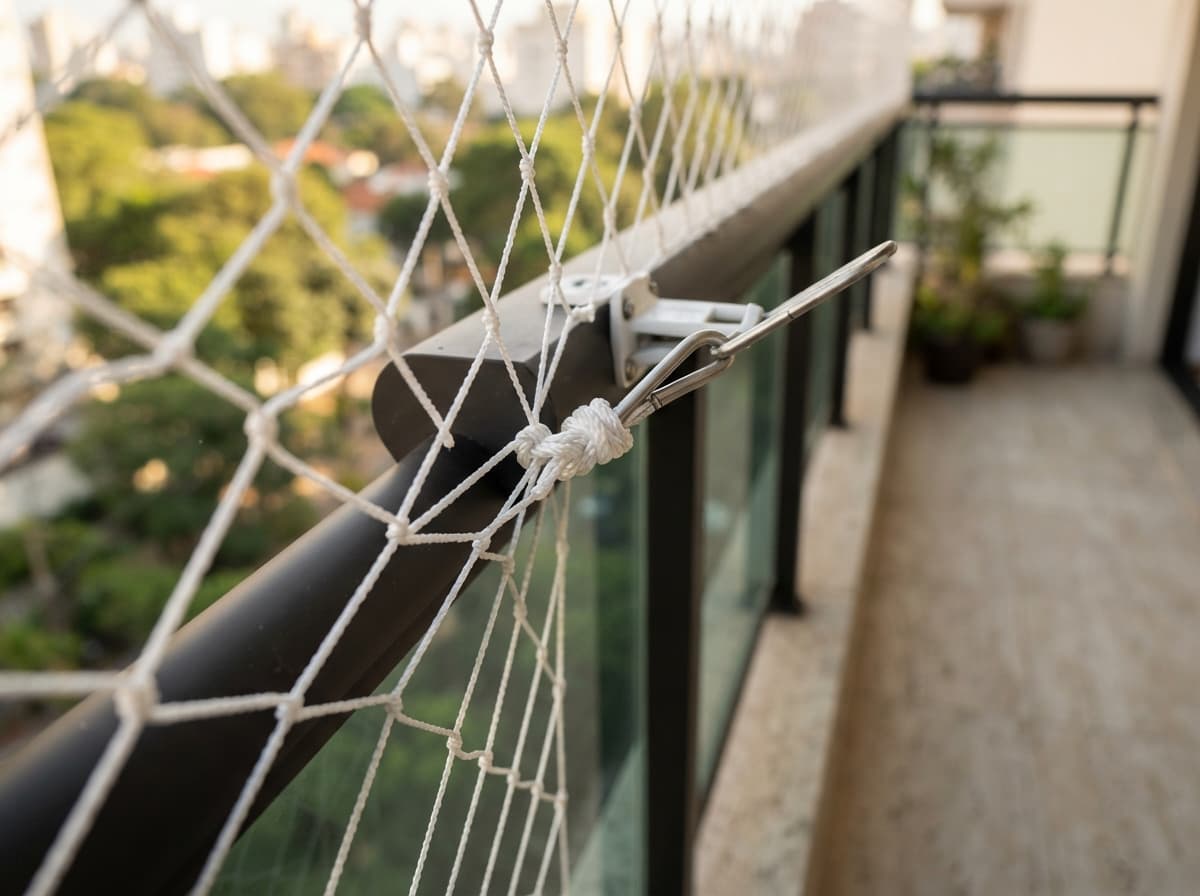 Detalhe da fixação de uma rede de proteção